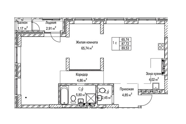 1-комнатная квартира 89,53 м² в ЖК Гудимов. Планировка