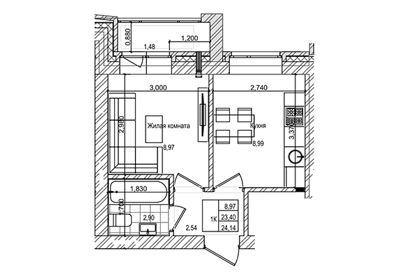 1-комнатная квартира 23,40 м² в ЖК на Трудовой. Планировка