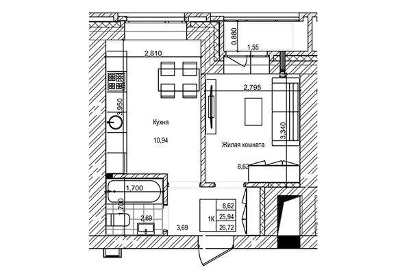 1-комнатная квартира 25,94 м² в ЖК на Трудовой. Планировка