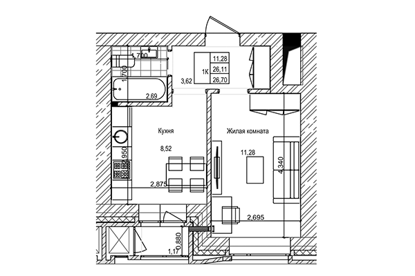 1-комнатная квартира 26,11 м² в ЖК на Трудовой. Планировка