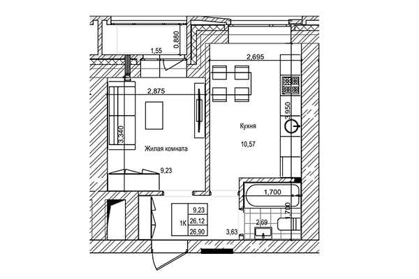 1-комнатная квартира 26,12 м² в ЖК на Трудовой. Планировка