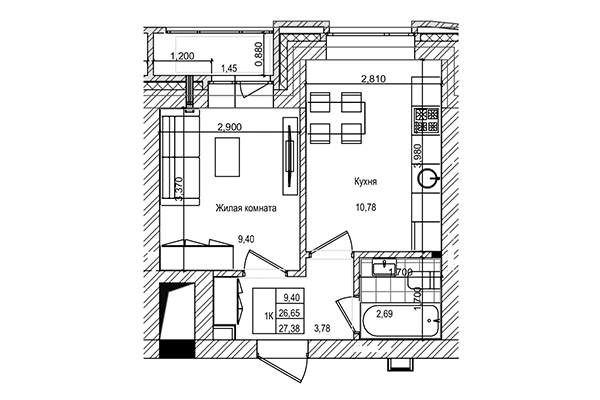 1-комнатная квартира 26,65 м² в ЖК на Трудовой. Планировка