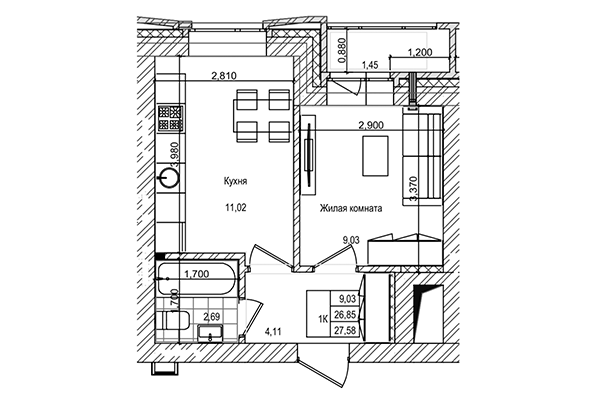 1-комнатная квартира 26,85 м² в ЖК на Трудовой. Планировка