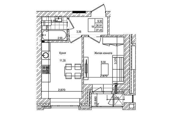 1-комнатная квартира 26,91 м² в ЖК на Трудовой. Планировка