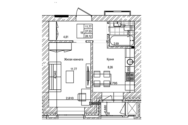 1-комнатная квартира 27,53 м² в ЖК на Трудовой. Планировка