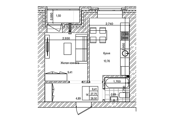 1-комнатная квартира 27,75 м² в ЖК на Трудовой. Планировка