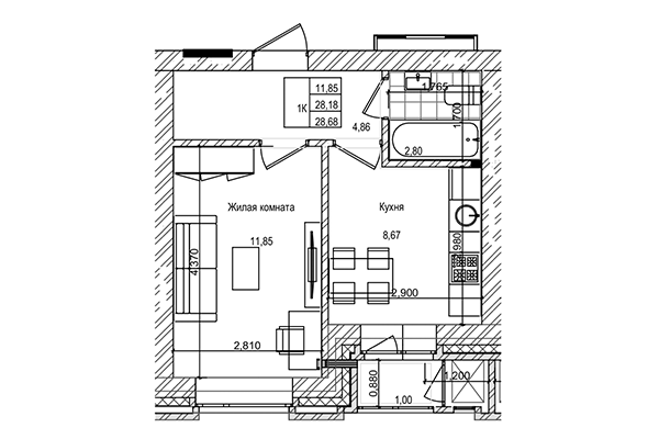 1-комнатная квартира 28,18 м² в ЖК на Трудовой. Планировка