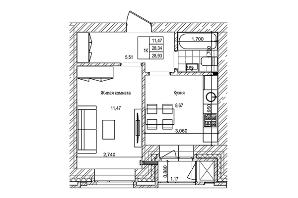 1-комнатная квартира 28,34 м² в ЖК на Трудовой. Планировка