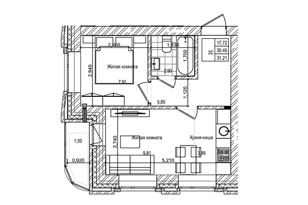 2-комнатная квартира 30,46 м² в ЖК на Трудовой. Планировка