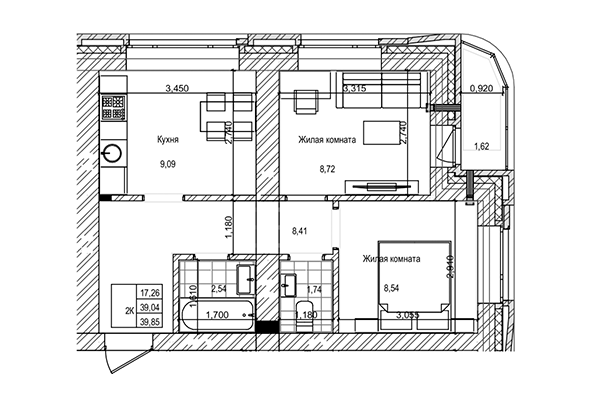 2-комнатная квартира 39,04 м² в ЖК на Трудовой. Планировка