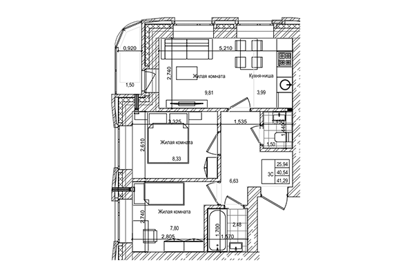 3-комнатная квартира 40,54 м² в ЖК на Трудовой. Планировка