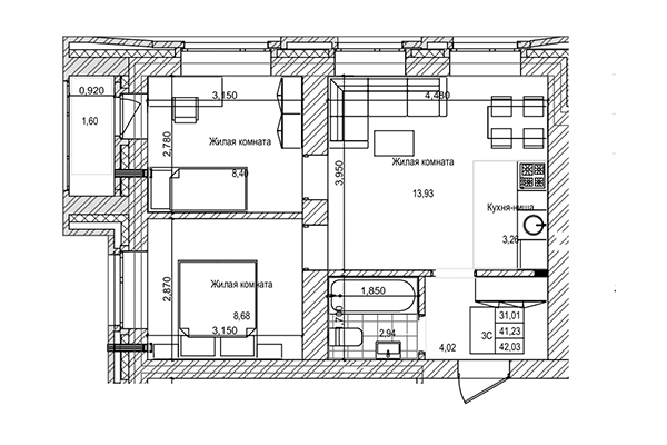 3-комнатная квартира 41,23 м² в ЖК на Трудовой. Планировка