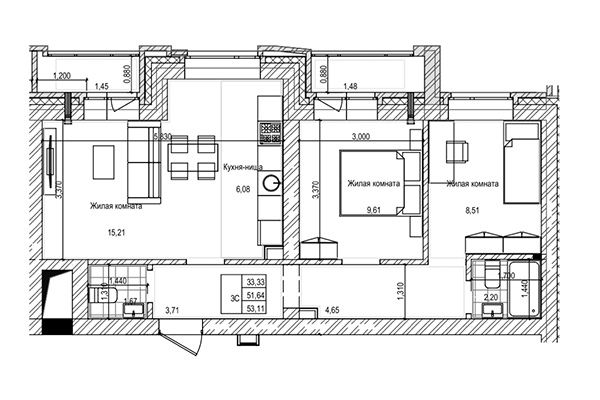 3-комнатная квартира 51,64 м² в ЖК на Трудовой. Планировка