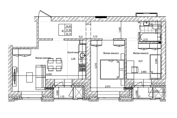 3-комнатная квартира 51,99 м² в ЖК на Трудовой. Планировка