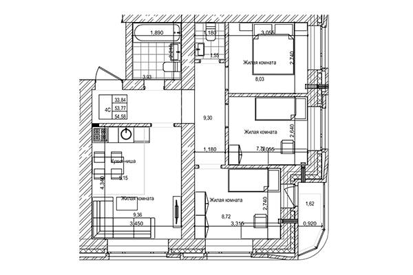 4-комнатная квартира 53,77 м² в ЖК на Трудовой. Планировка