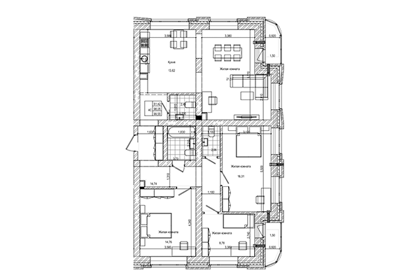 4-комнатная квартира 98,05 м² в ЖК на Трудовой. Планировка