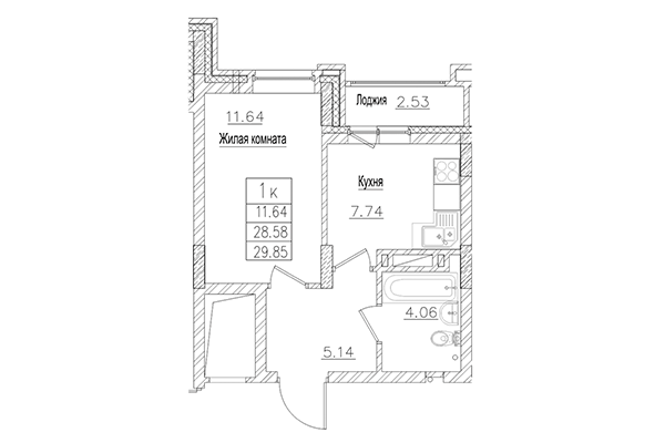 1-комнатная квартира 28,58 м² в ЖК на Покатной. Планировка