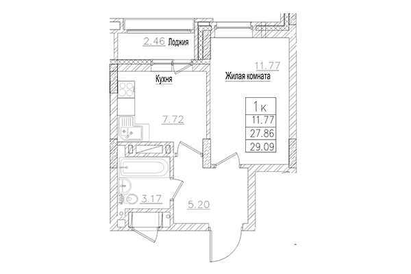 1-комнатная квартира 29,09 м² в ЖК на Покатной. Планировка