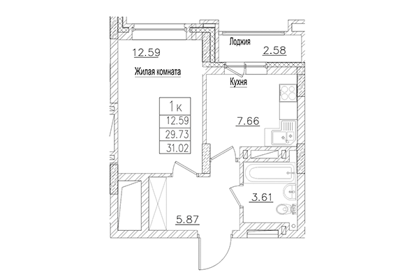 1-комнатная квартира 29,73 м² в ЖК на Покатной. Планировка