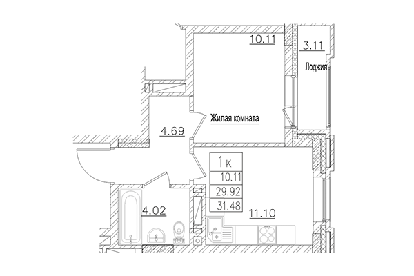 1-комнатная квартира 29,92 м² в ЖК на Покатной. Планировка