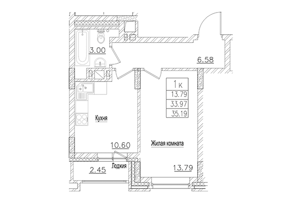 1-комнатная квартира 33,97 м² в ЖК на Покатной. Планировка