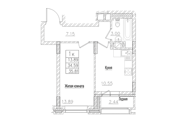 1-комнатная квартира 34,59 м² в ЖК на Покатной. Планировка