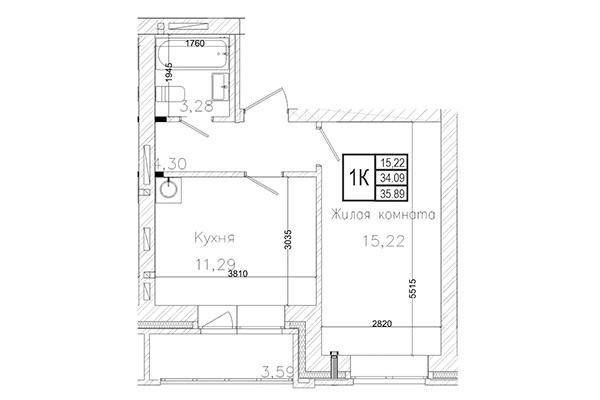 1-комнатная квартира 34,09 м² в ЖК на Шоссейной. Планировка