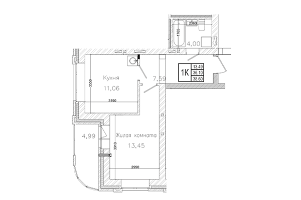 1-комнатная квартира 36,10 м² в ЖК на Шоссейной. Планировка