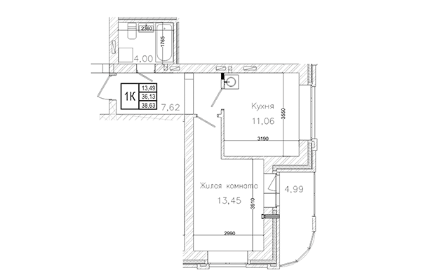 1-комнатная квартира 36,13 м² в ЖК на Шоссейной. Планировка