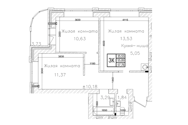 3-комнатная квартира 55,89 м² в ЖК на Шоссейной. Планировка