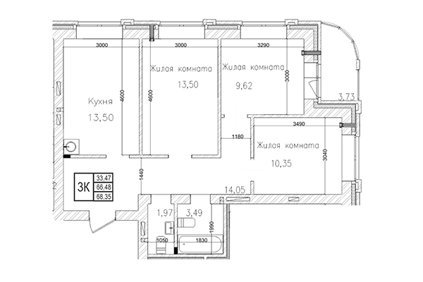 3-комнатная квартира 66,48 м² в ЖК на Шоссейной. Планировка