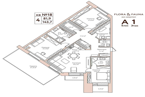 4-комнатная квартира 143,70 м² в ЖК Флора и Фауна. Планировка