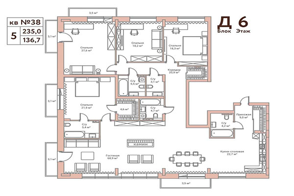 5-комнатная квартира 235,00 м² в ЖК Флора и Фауна. Планировка