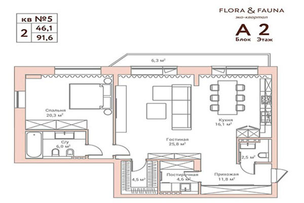 2-комнатная квартира 91,60 м² в ЖК Флора и Фауна. Планировка