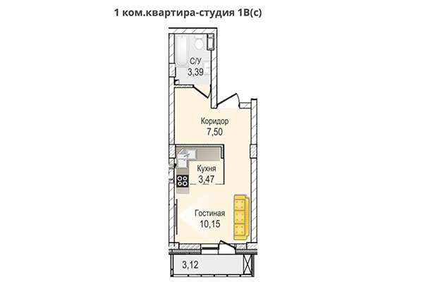 Студия 25,90 м² в ЖК КрымSKY. Планировка