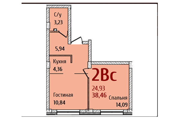 2-комнатная квартира 38,46 м² в ЖК Ред Фокс. Планировка