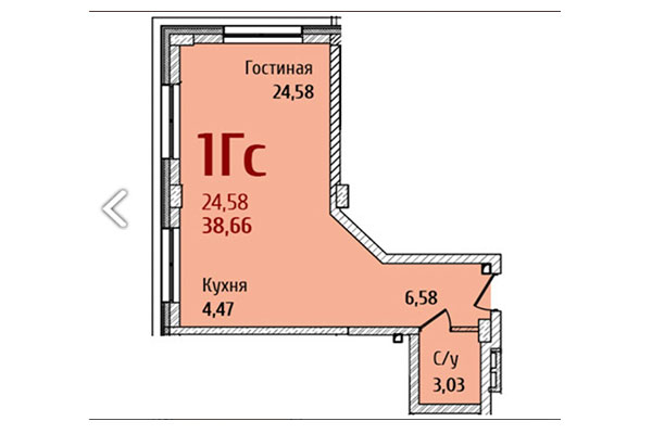 1-комнатная квартира 38,66 м² в ЖК Ред Фокс. Планировка