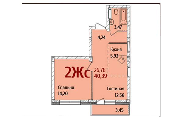 2-комнатная квартира 40,39 м² в ЖК Ред Фокс. Планировка