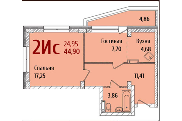 2-комнатная квартира 44,90 м² в ЖК Ред Фокс. Планировка