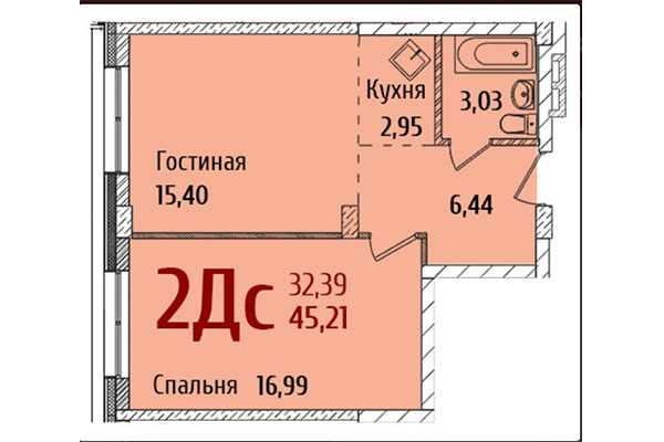 2-комнатная квартира 45,21 м² в ЖК Ред Фокс. Планировка