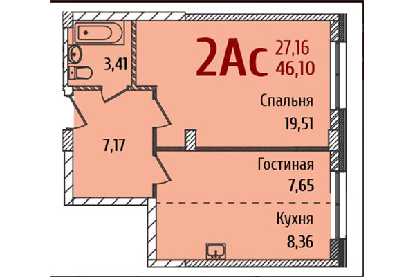 2-комнатная квартира 46,10 м² в ЖК Ред Фокс. Планировка