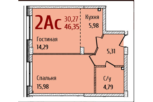 2-комнатная квартира 46,35 м² в ЖК Ред Фокс. Планировка