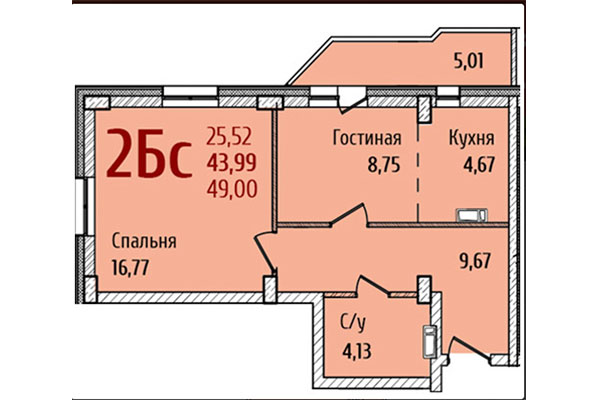 2-комнатная квартира 49,00 м² в ЖК Ред Фокс. Планировка