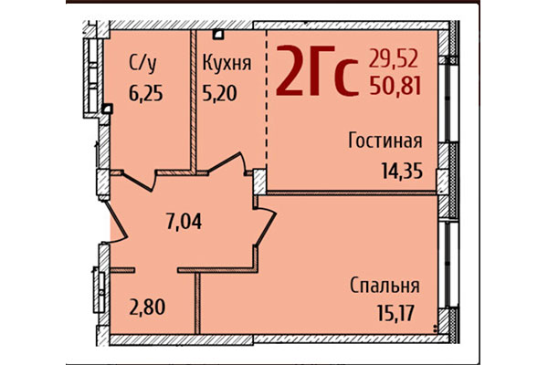 2-комнатная квартира 50,81 м² в ЖК Ред Фокс. Планировка