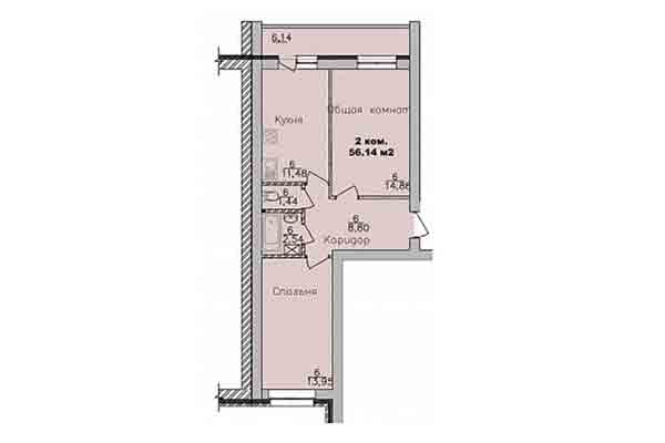 2-комнатная квартира 56,14 м² в Микрорайон Дивногорский. Планировка