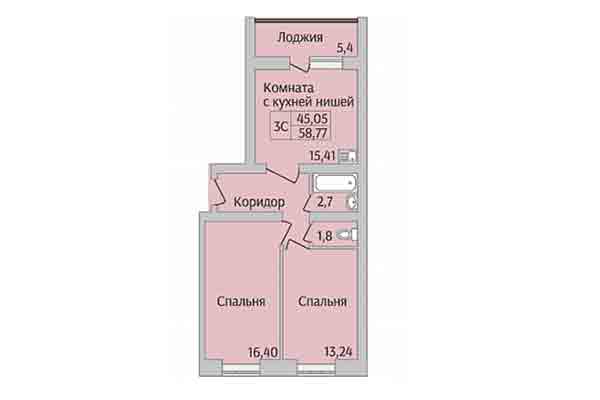 3-комнатная квартира 58,77 м² в Микрорайон Дивногорский. Планировка