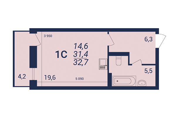 Студия 32,70 м² в ЖК NOVA-дом. Планировка