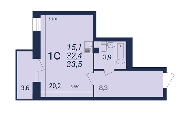 Студия 33,50 м² в ЖК NOVA-дом. Планировка