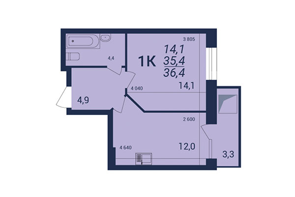 1-комнатная квартира 36,40 м² в ЖК NOVA-дом. Планировка