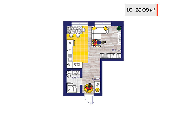 Студия 28,08 м² в ЖК Новые снегири. Планировка